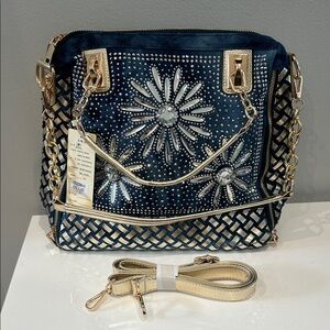 Women's Navy Blue Embellished Shoulder Bag with Gold Accents